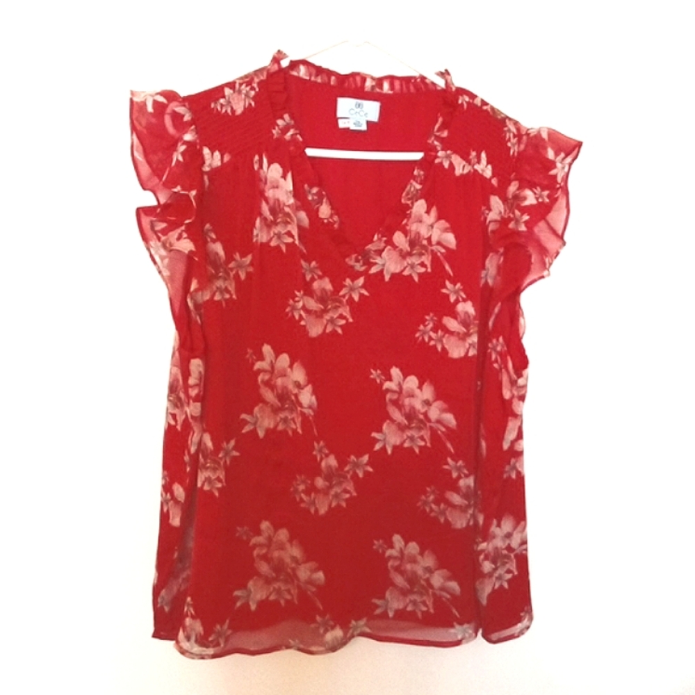 CeCe Women's Red With Floral Flutter Sleeve V-Neckline Top Size XXL